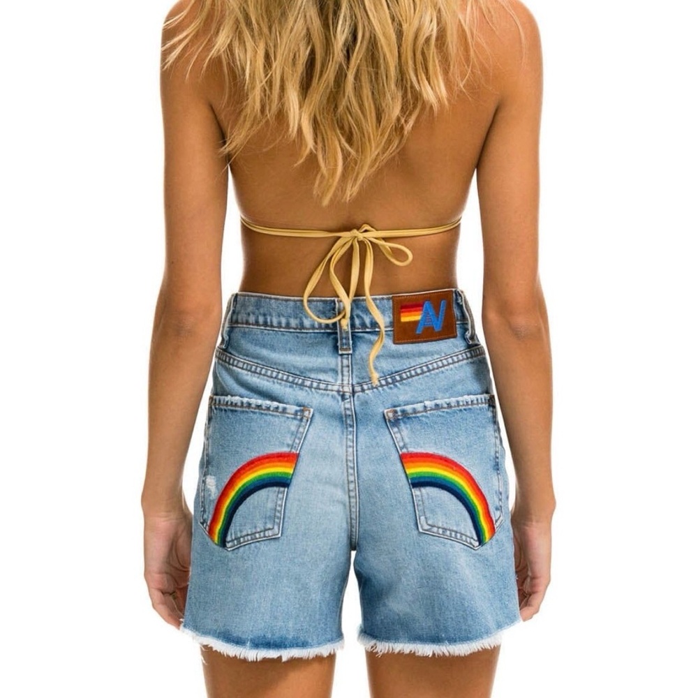 Aviator Nation high rise skater cut off rainbow back pocket super light shorts
